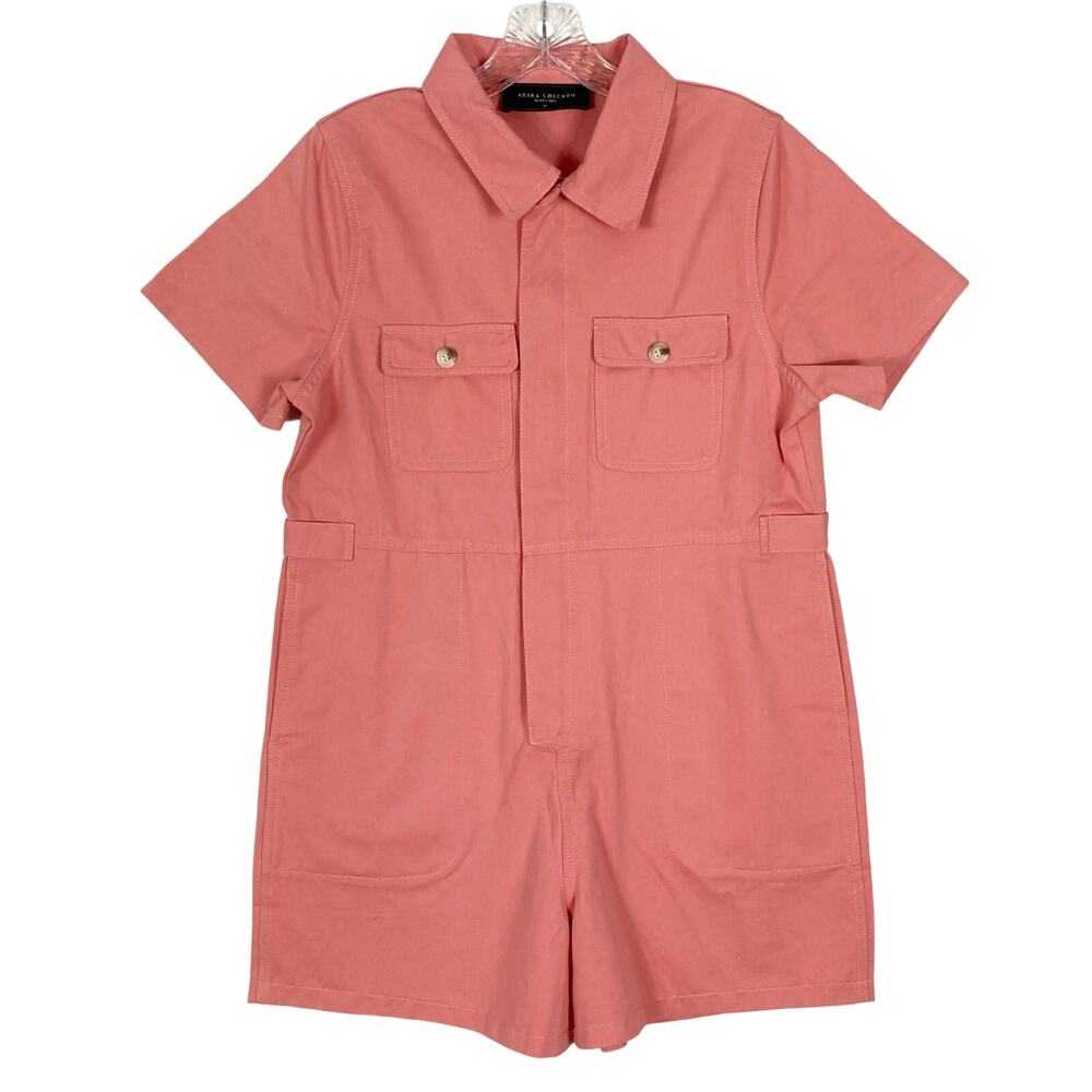 Nwot AKIRA THE LABEL Pink Romper M AdjustWaist Cotton Short-Slv Collar Bubblegum